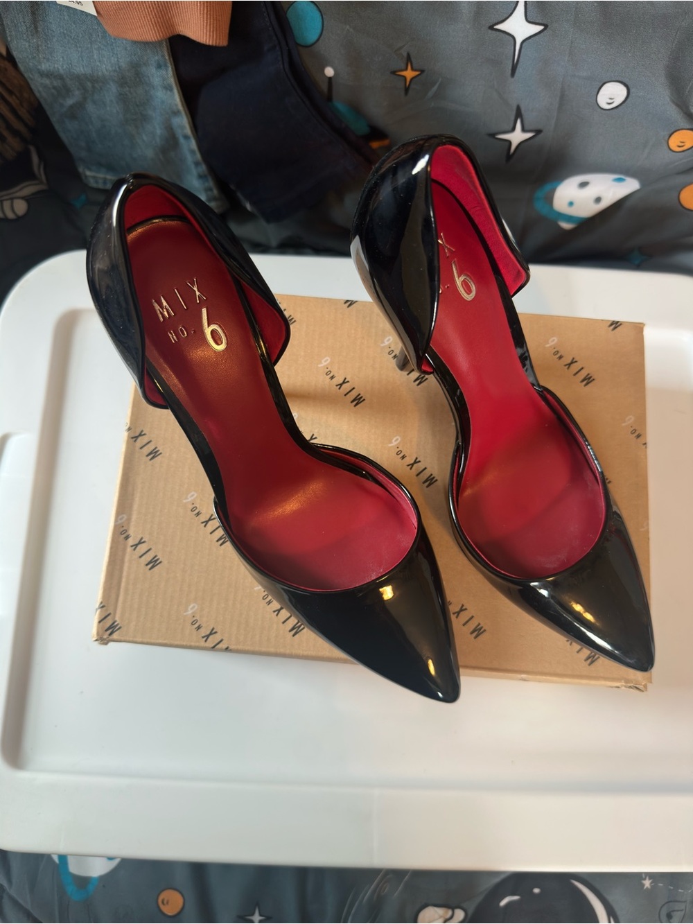 Mix No. 6 Black Patent Pointed D'Orsay Pumps with Red Insole